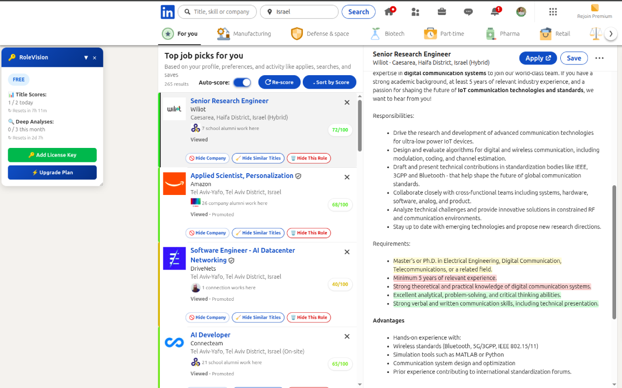 RoleVision showing job scores on LinkedIn